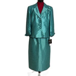 NWT Kasper Skirt Suit Size 12/14 Teal 2-Piece Set Blazer & Skirt Floral Accent